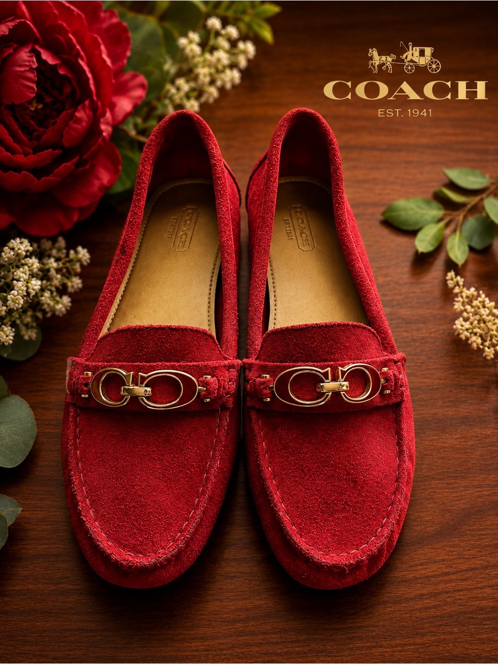 COACH - Timeless Classic Red Suede Driving Loafers - Gold Hardware - Size 7B